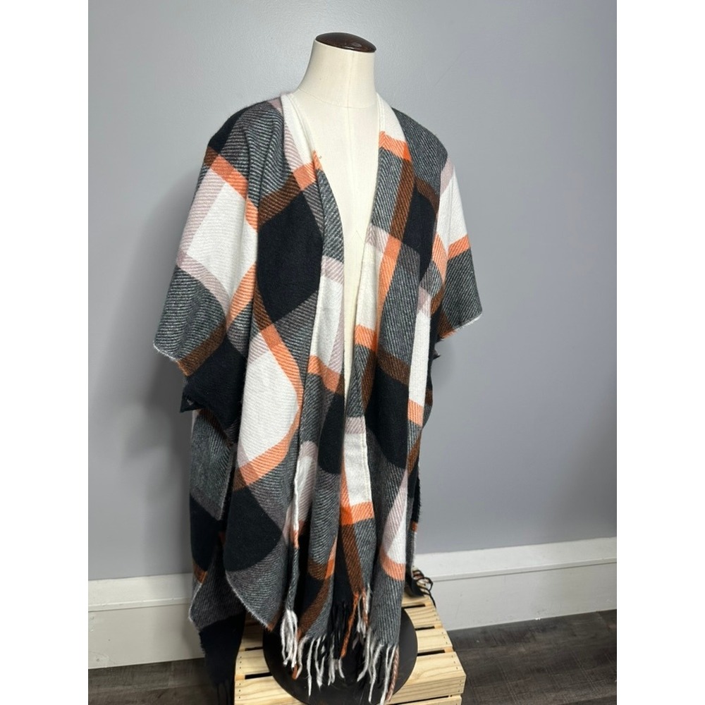 Plaid Ruana Wrap Scarf Black Orange White Check Fringed Poncho Shawl One Size
